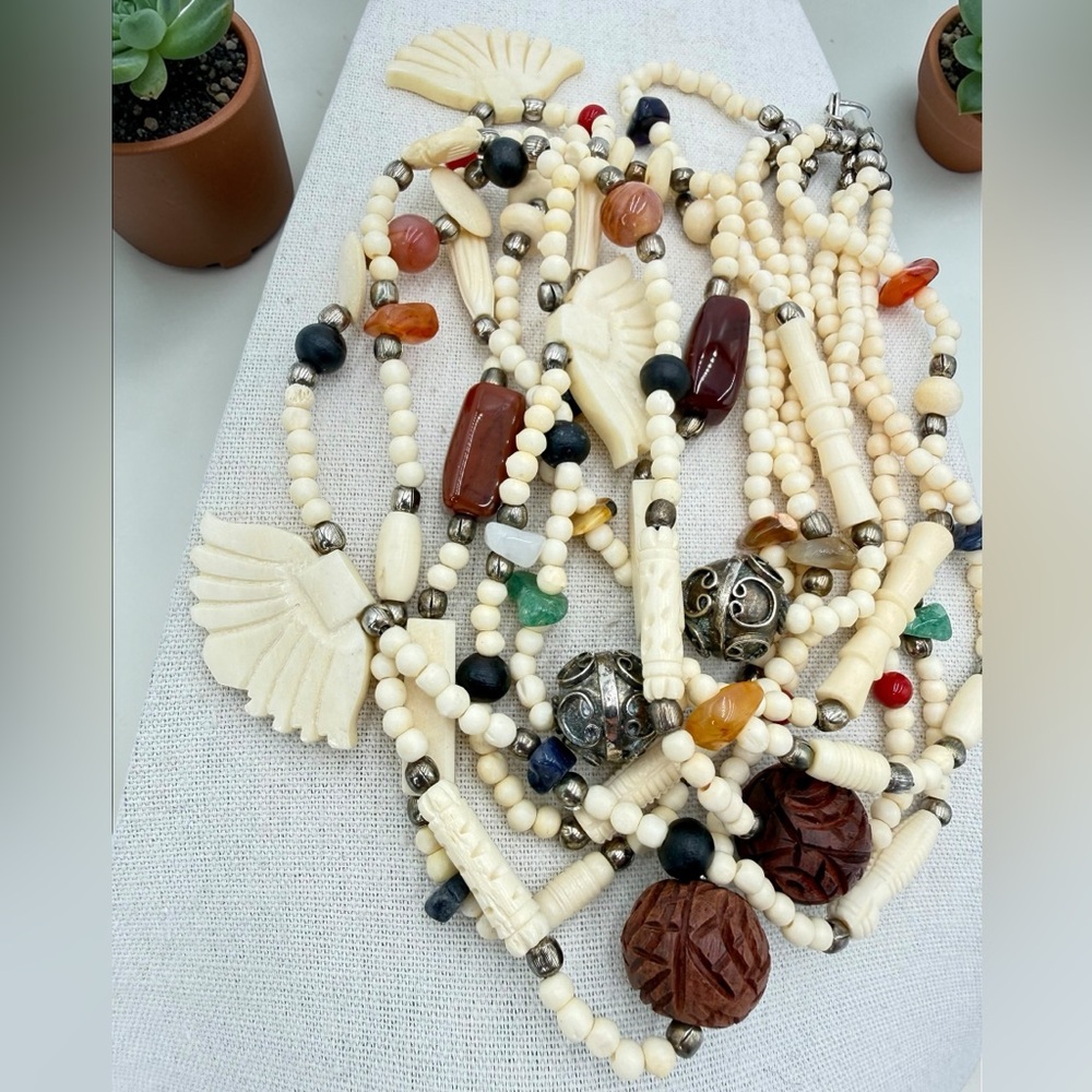 VTG 4 Strand Carved Bone Bead Necklace Jasper Carnelian Sodalite Agate Boho 24” - Picture 10 of 17
